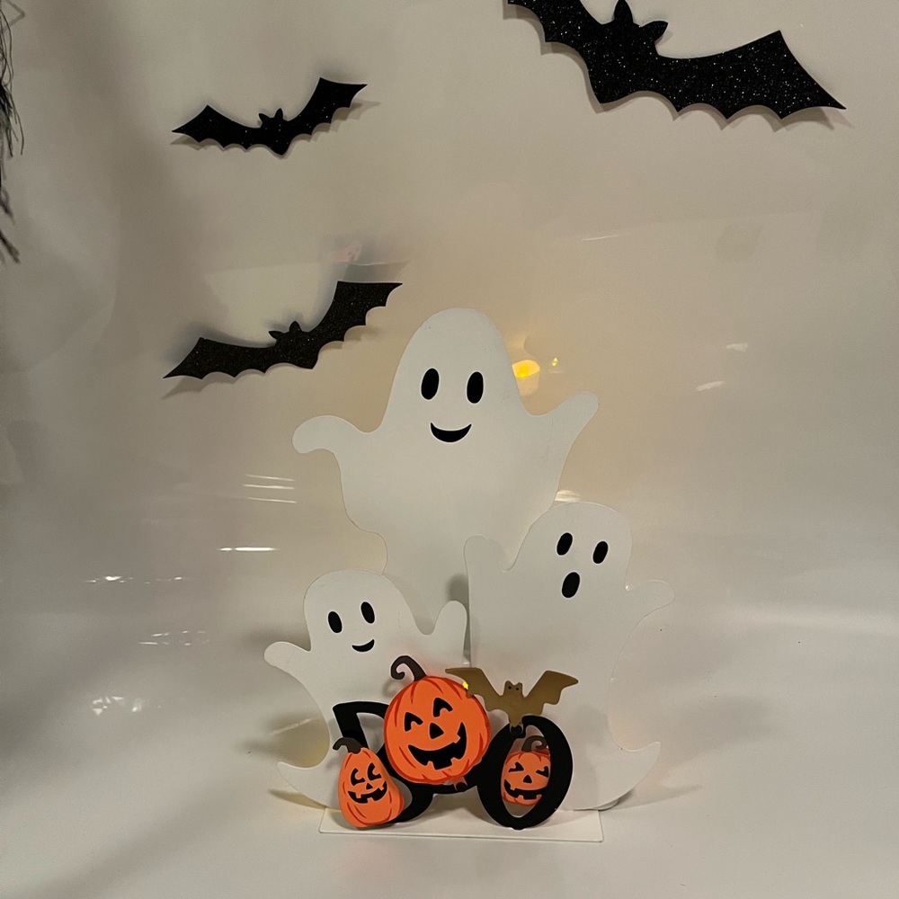 Ashland “BOO” Halloween Tin White Ghost and Pumpkin & Bat Stand 12.5” H